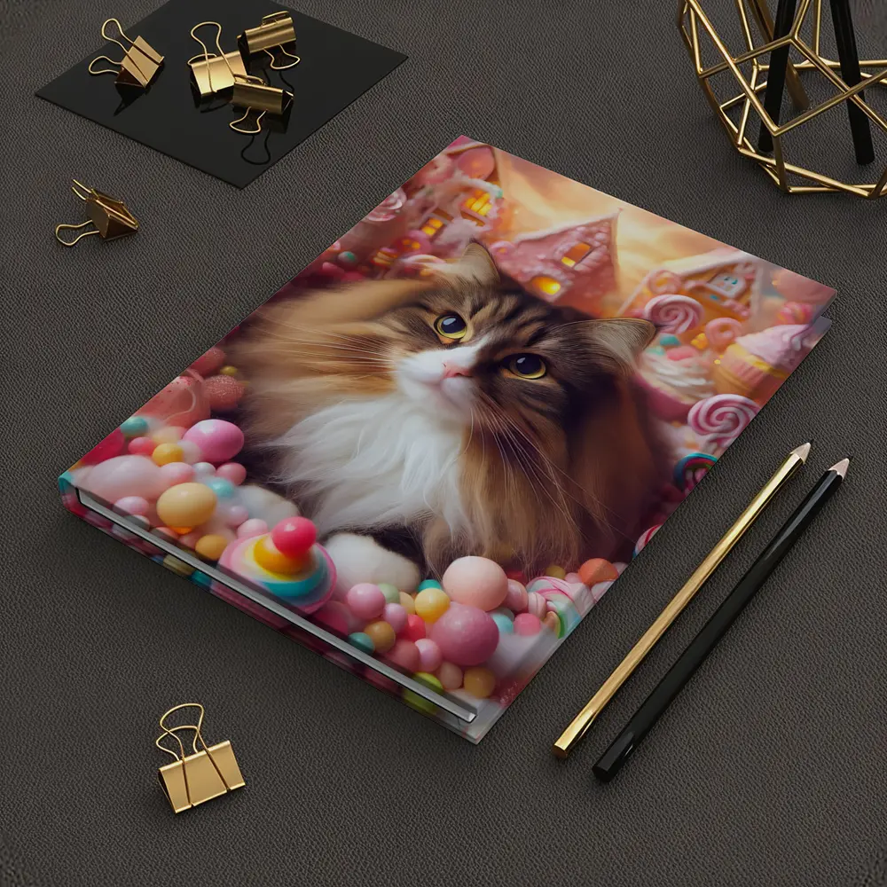 Fluffy Cat Surrounded by Colorful Candy Fantasy – Notebooks