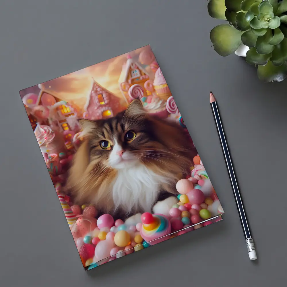 Fluffy Cat Surrounded by Colorful Candy Fantasy – Notebooks