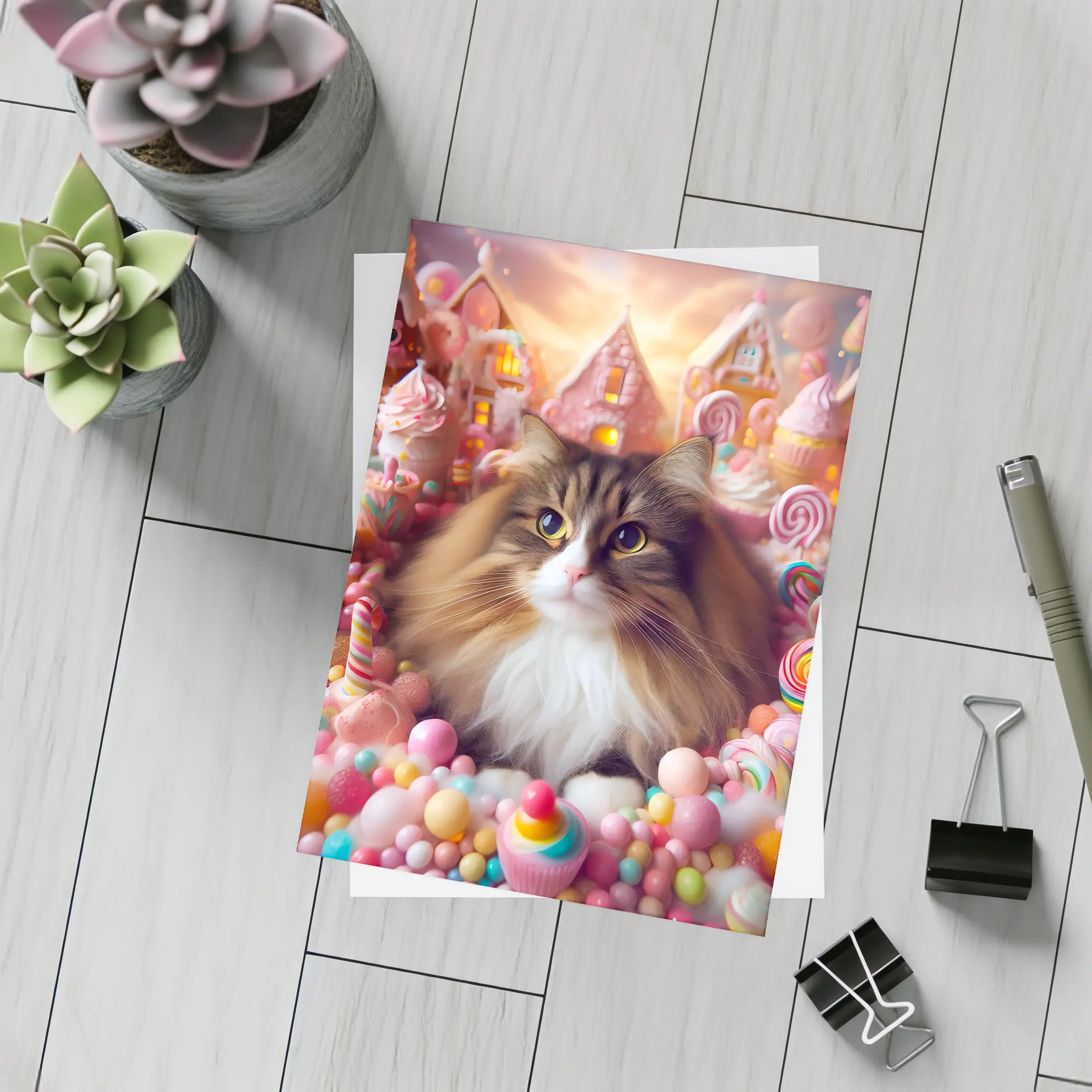 Fluffy Cat Surrounded by Colorful Candy Fantasy – Postcards