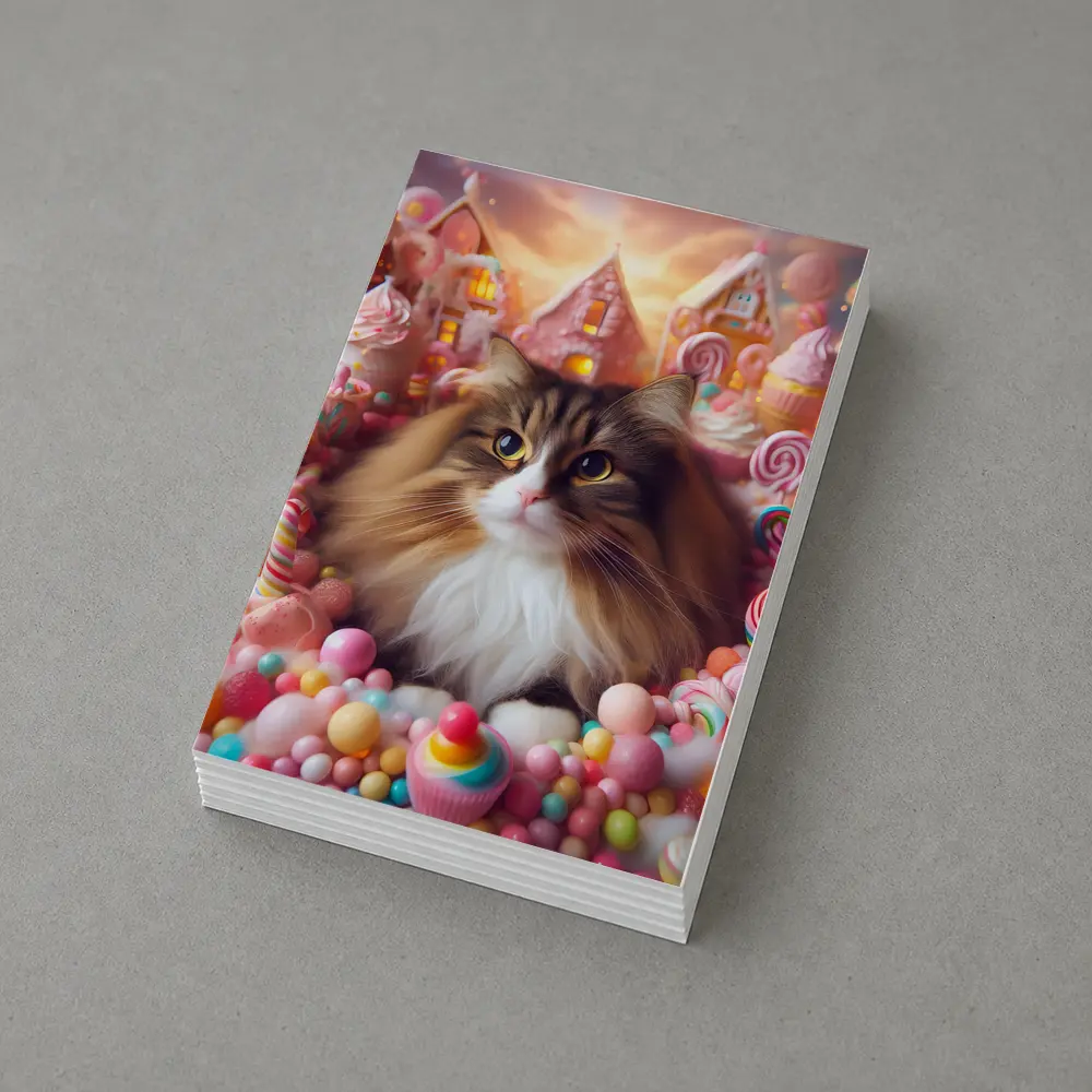 Fluffy Cat Surrounded by Colorful Candy Fantasy – Postcards