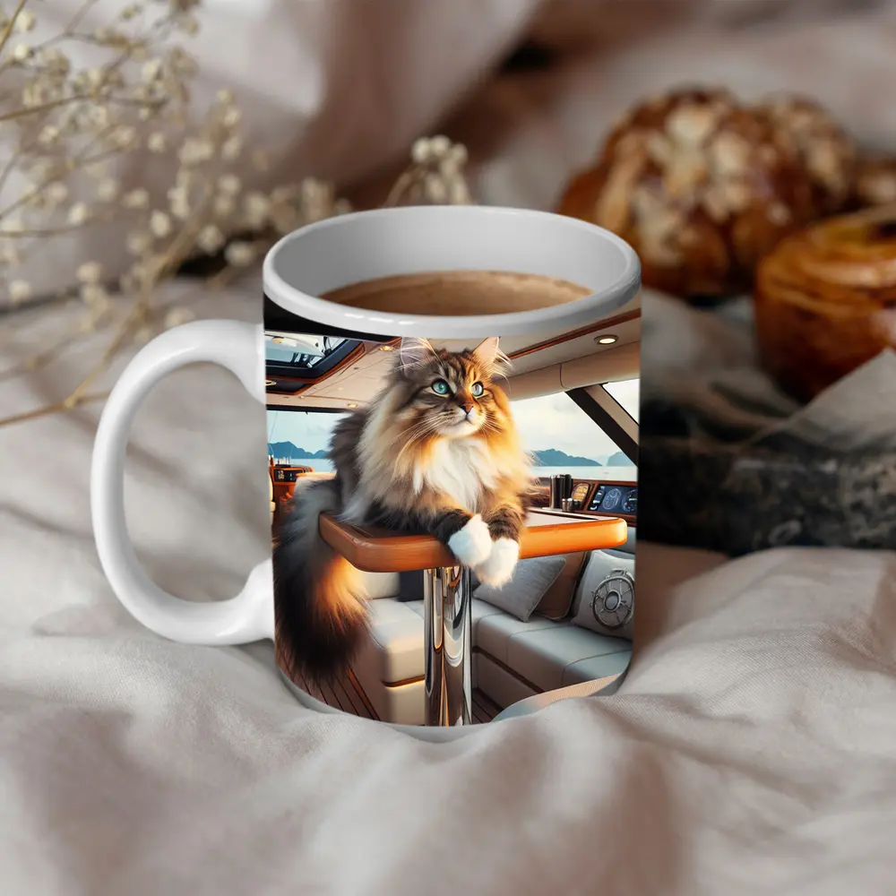 Norwegian Forest Cat Lounging Luxury Yacht Interior – Mugs