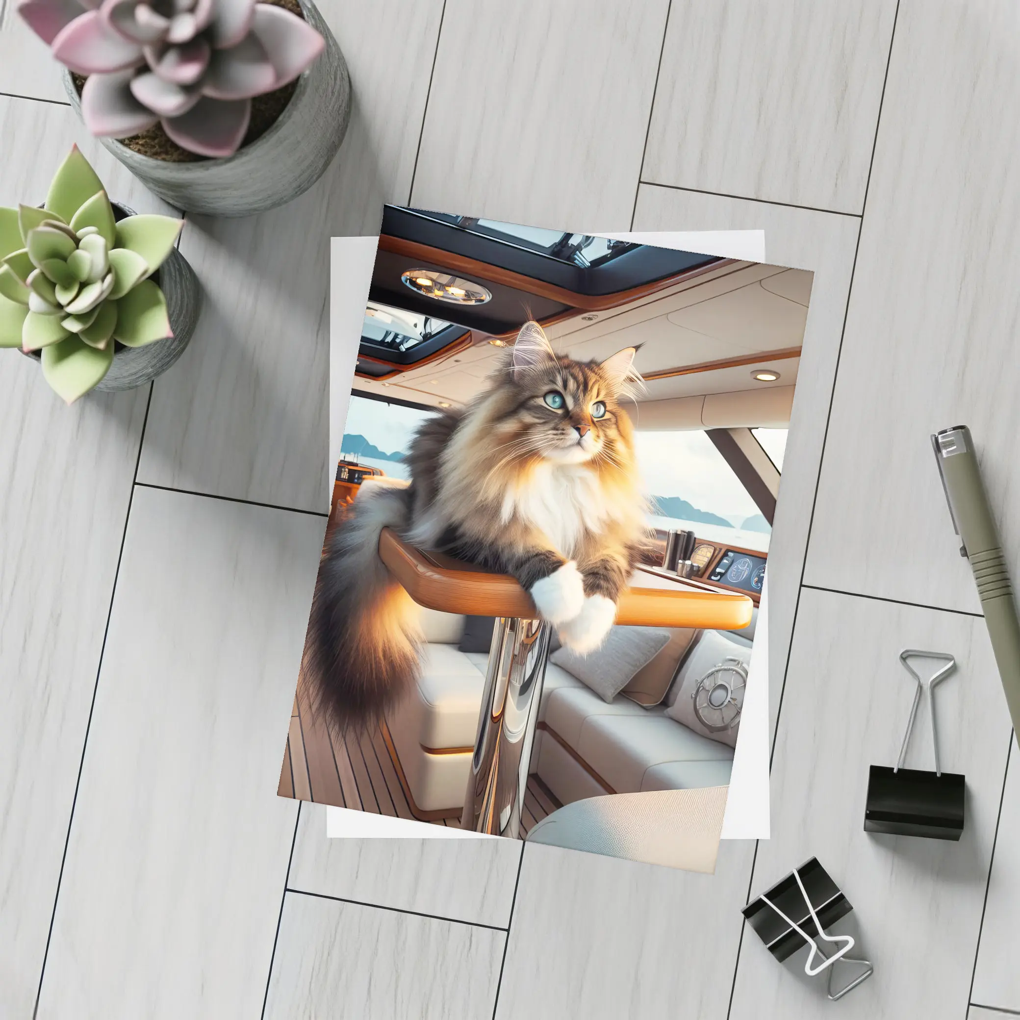 Norwegian Forest Cat Lounging Luxury Yacht Interior – Postcards