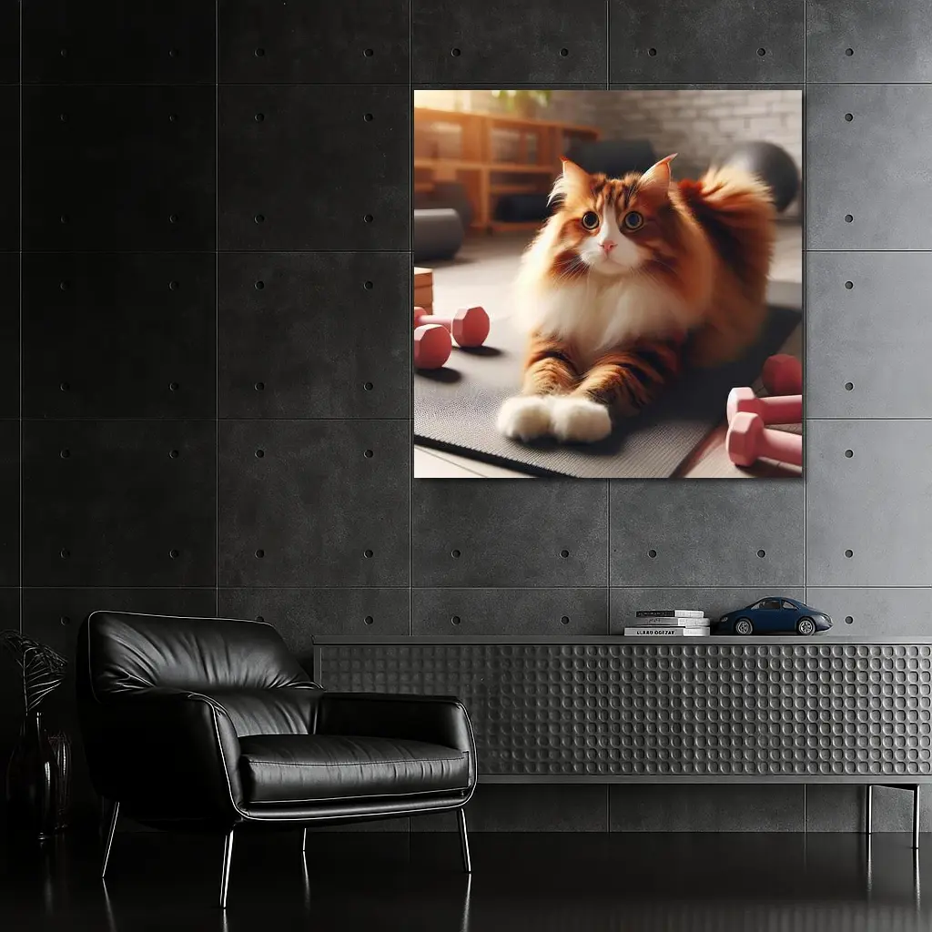 Fluffy Orange Cat on Gym Fitness Mat – Wall Art