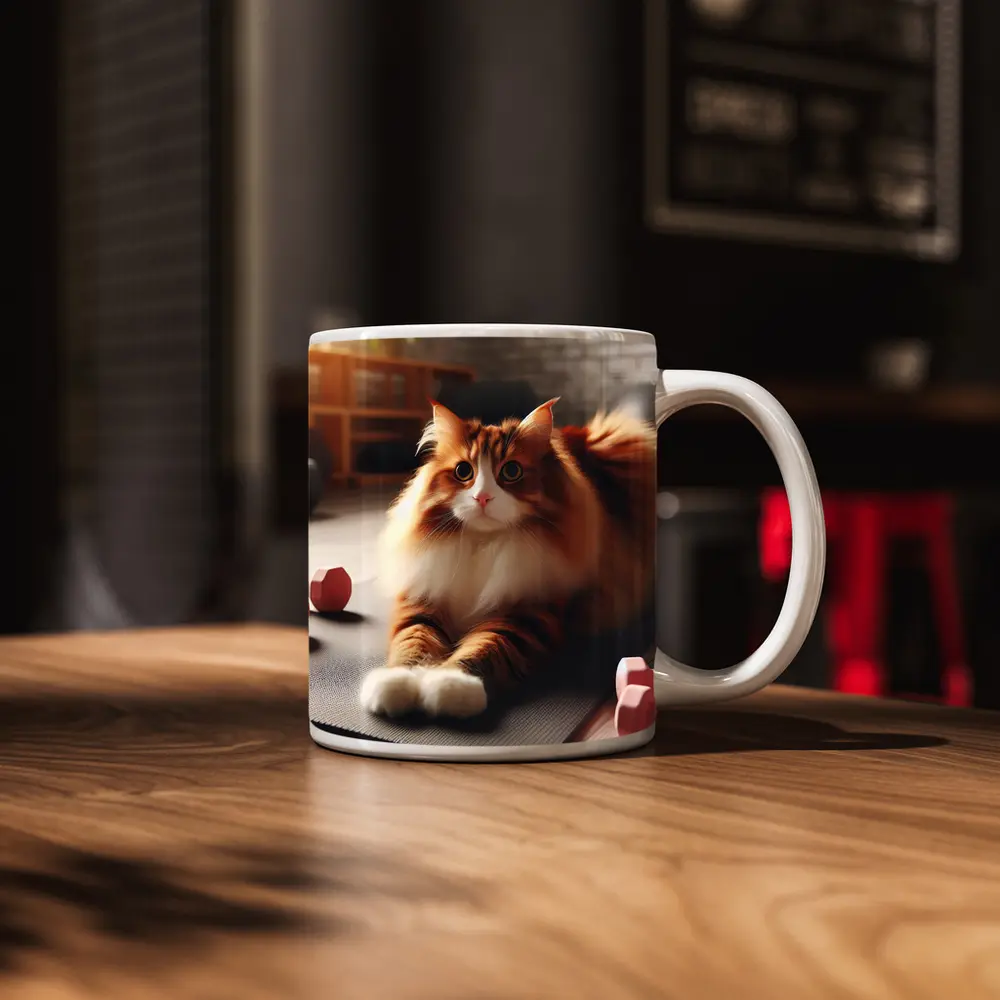 Fluffy Orange Cat on Gym Fitness Mat – Mugs