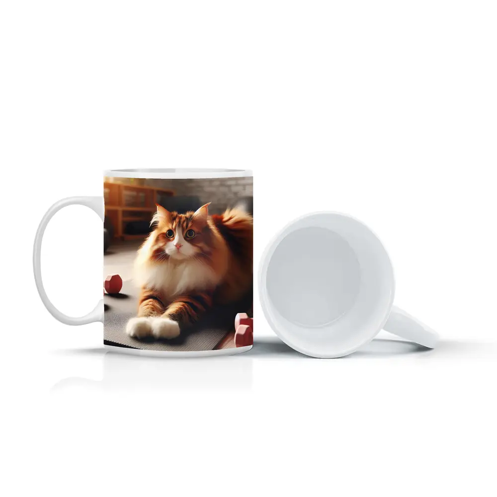 Fluffy Orange Cat on Gym Fitness Mat – Mugs