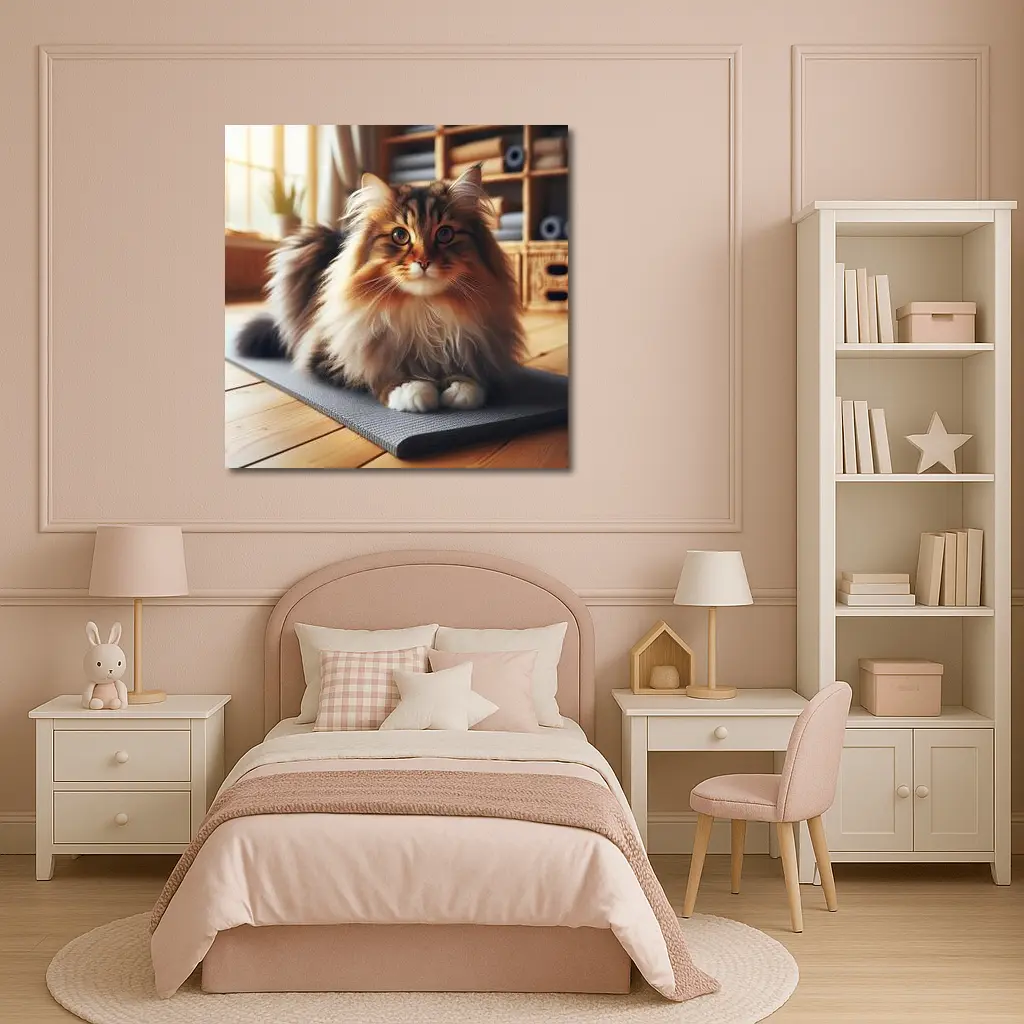 Fluffy Siberian Cat Relaxing on Yoga Mat – Wall Art