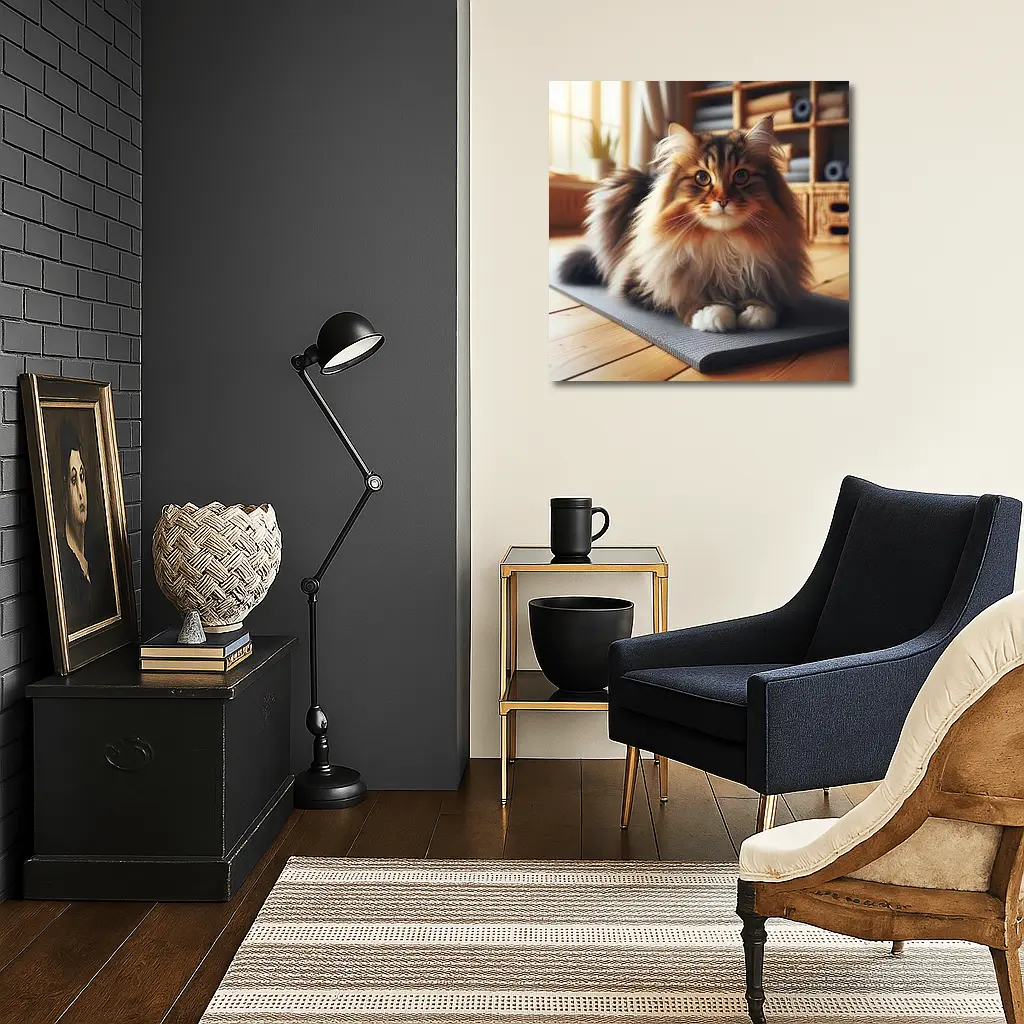 Fluffy Siberian Cat Relaxing on Yoga Mat – Wall Art