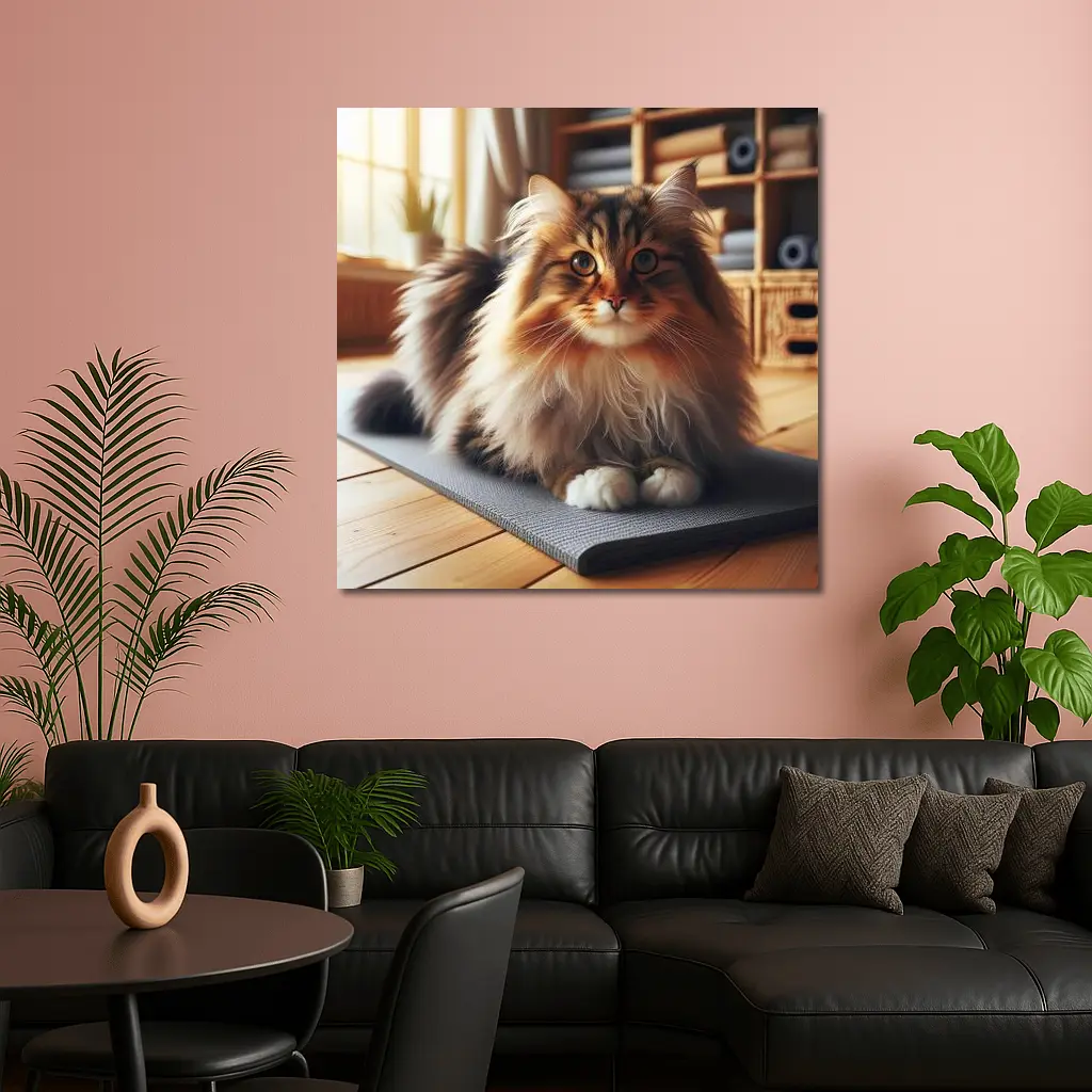 Fluffy Siberian Cat Relaxing on Yoga Mat – Wall Art