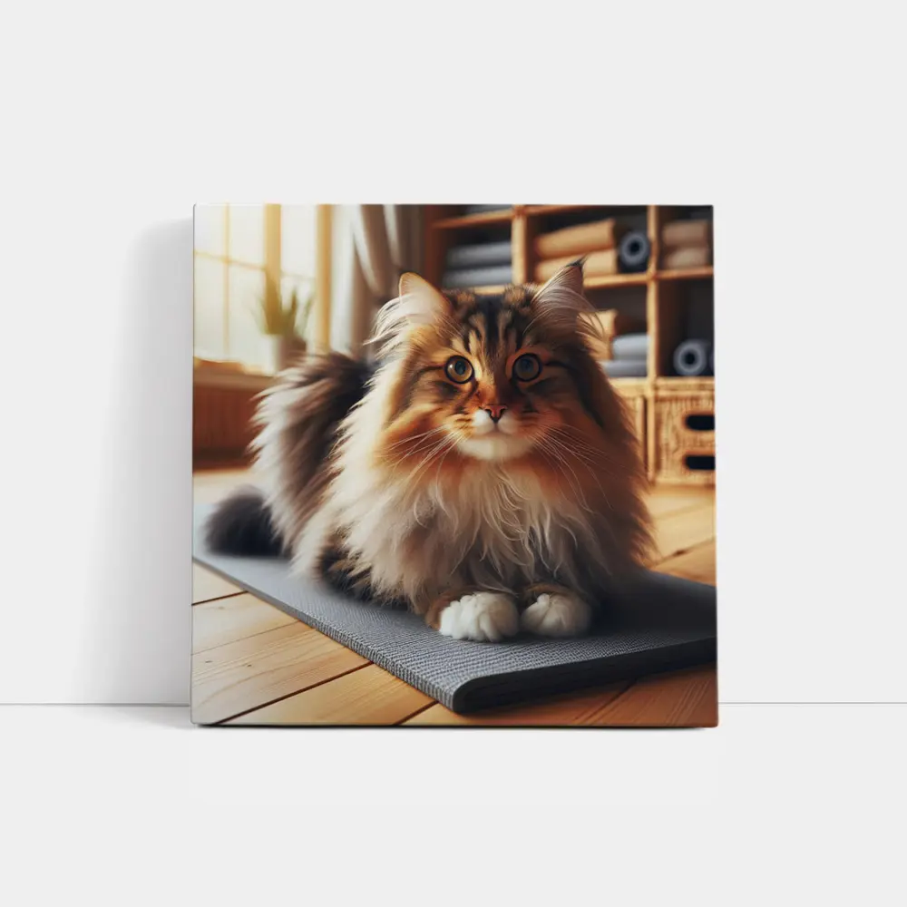 Fluffy Siberian Cat Relaxing on Yoga Mat – Wall Art