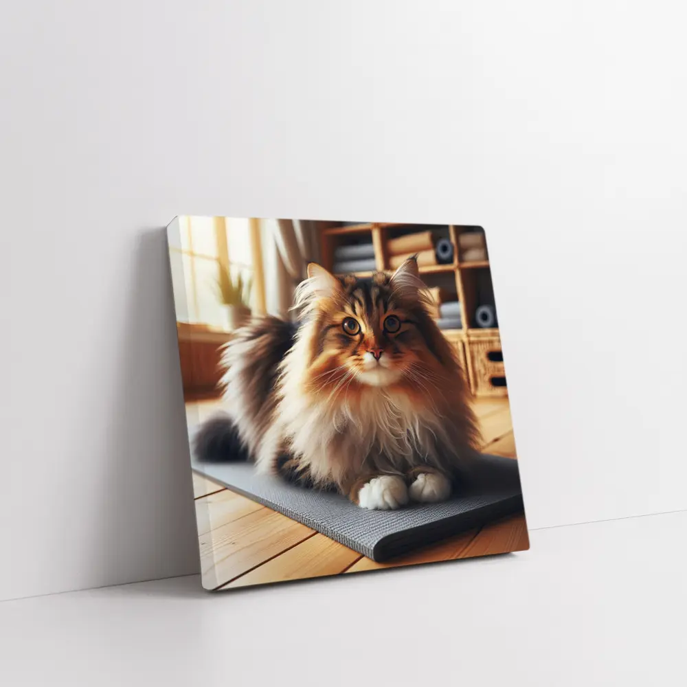 Fluffy Siberian Cat Relaxing on Yoga Mat – Wall Art