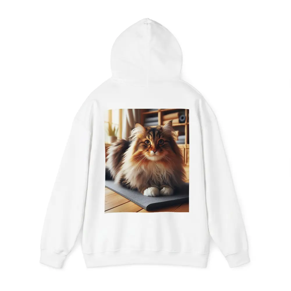 Fluffy Siberian Cat Relaxing on Yoga Mat – Hoodies