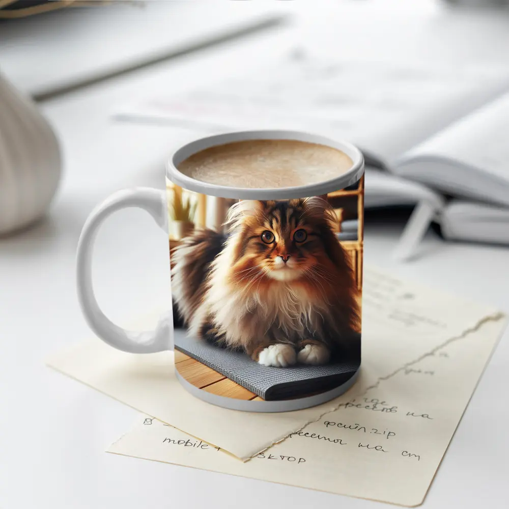 Fluffy Siberian Cat Relaxing on Yoga Mat – Mugs