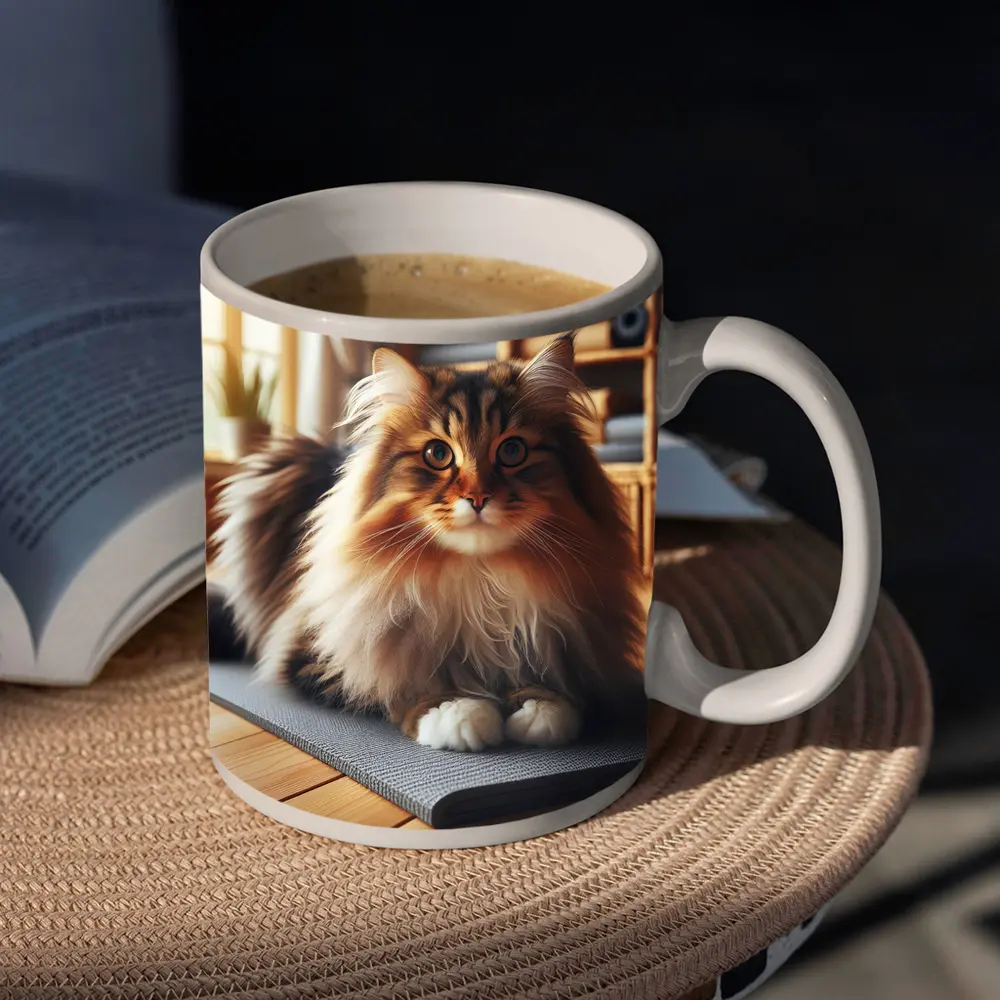 Fluffy Siberian Cat Relaxing on Yoga Mat – Mugs
