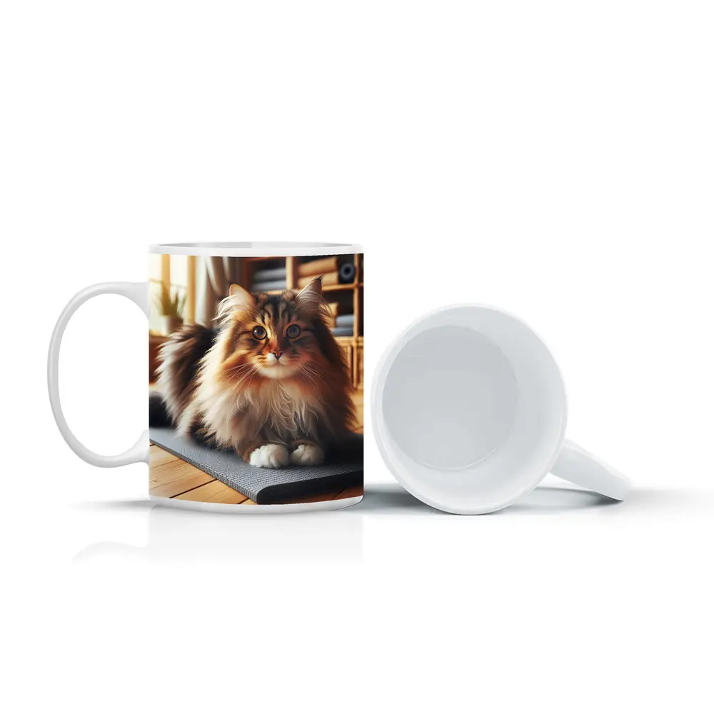 Fluffy Siberian Cat Relaxing on Yoga Mat – Mugs
