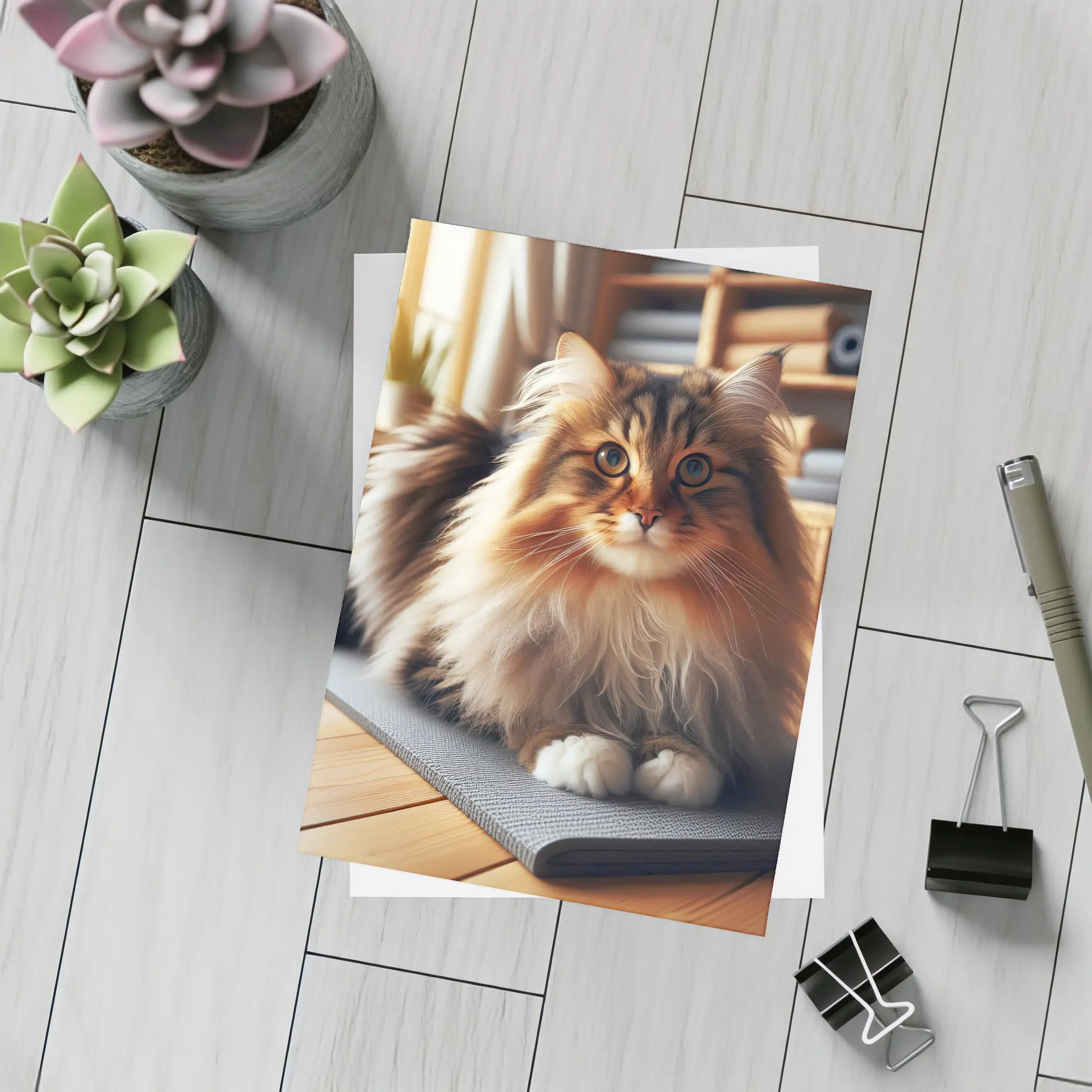 Fluffy Siberian Cat Relaxing on Yoga Mat – Postcards