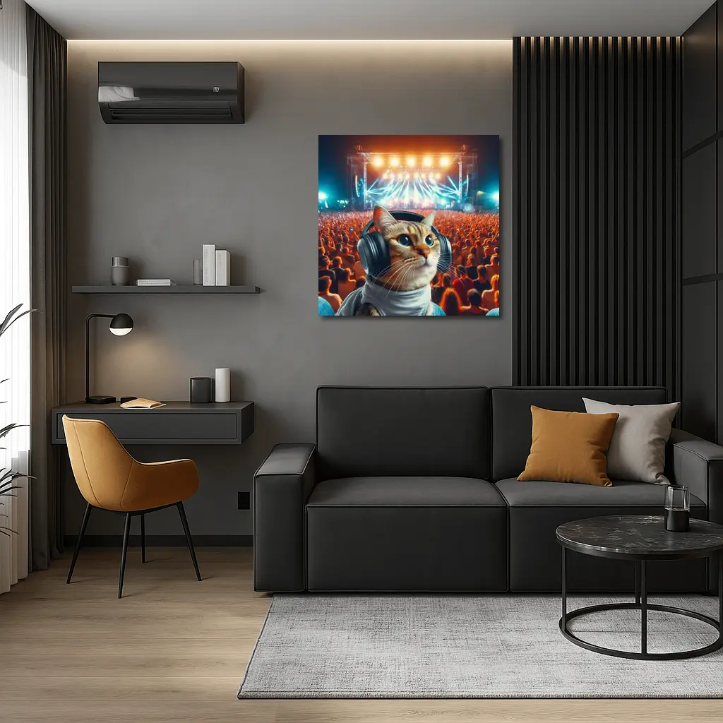 Cat With Headphones At Music Festival – Wall Art