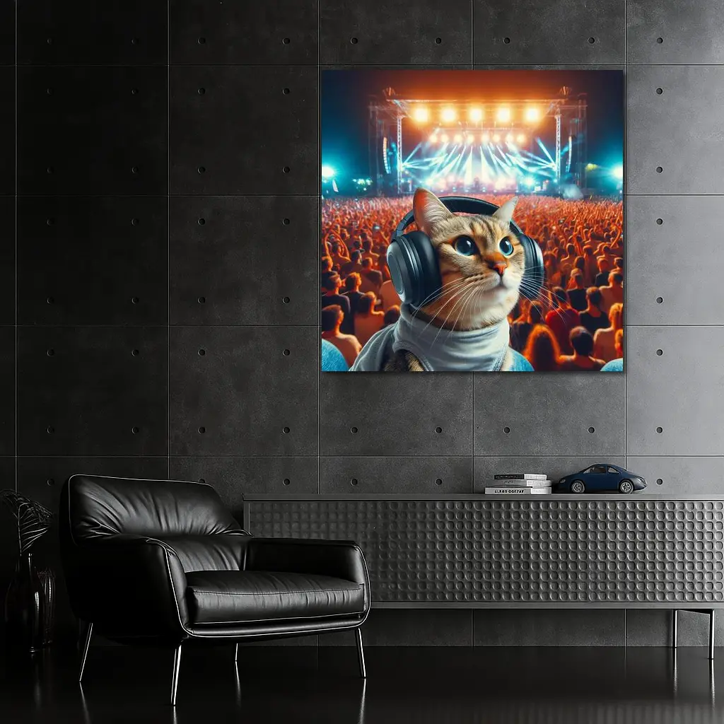 Cat With Headphones At Music Festival – Wall Art