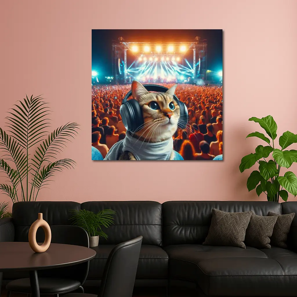 Cat With Headphones At Music Festival – Wall Art