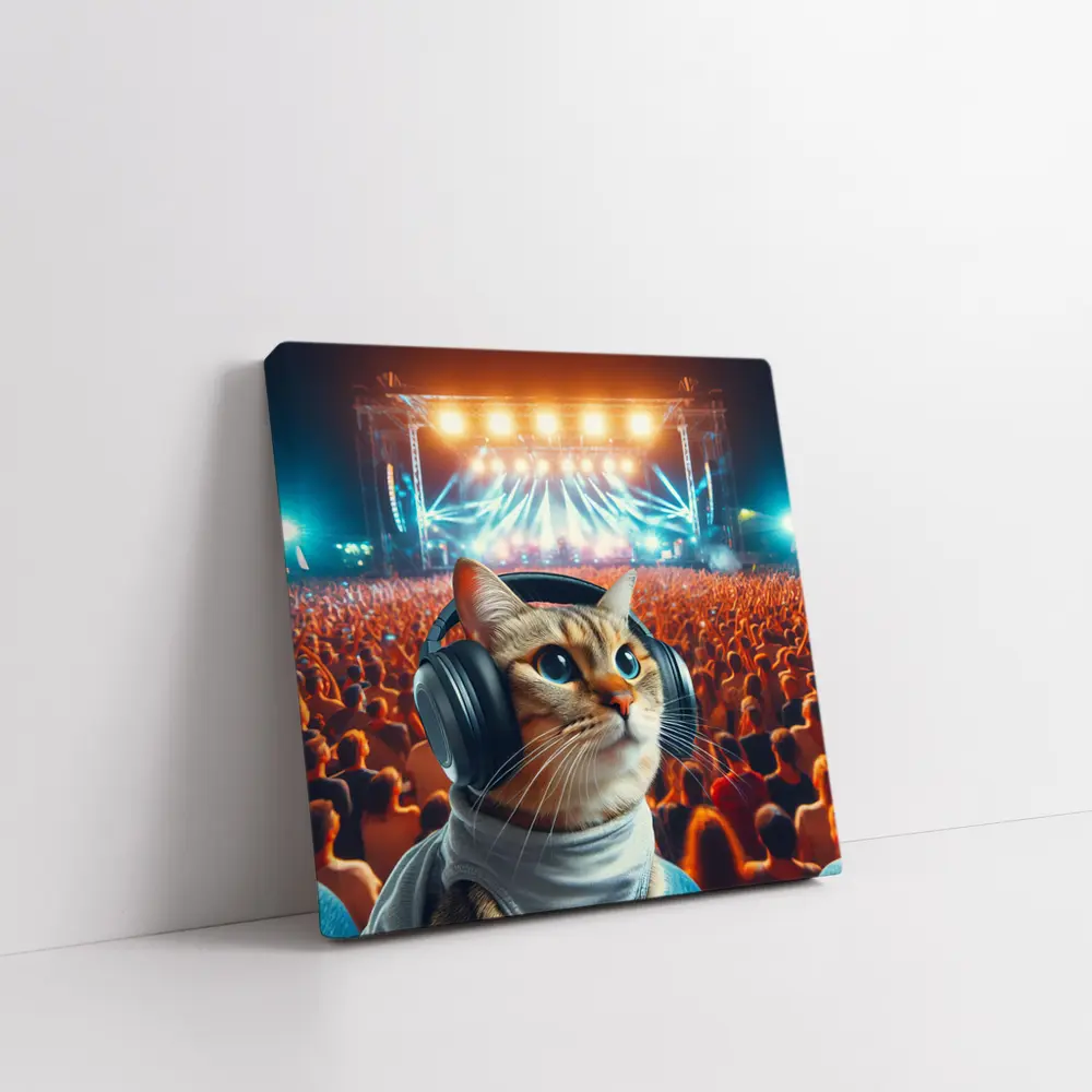 Cat With Headphones At Music Festival – Wall Art