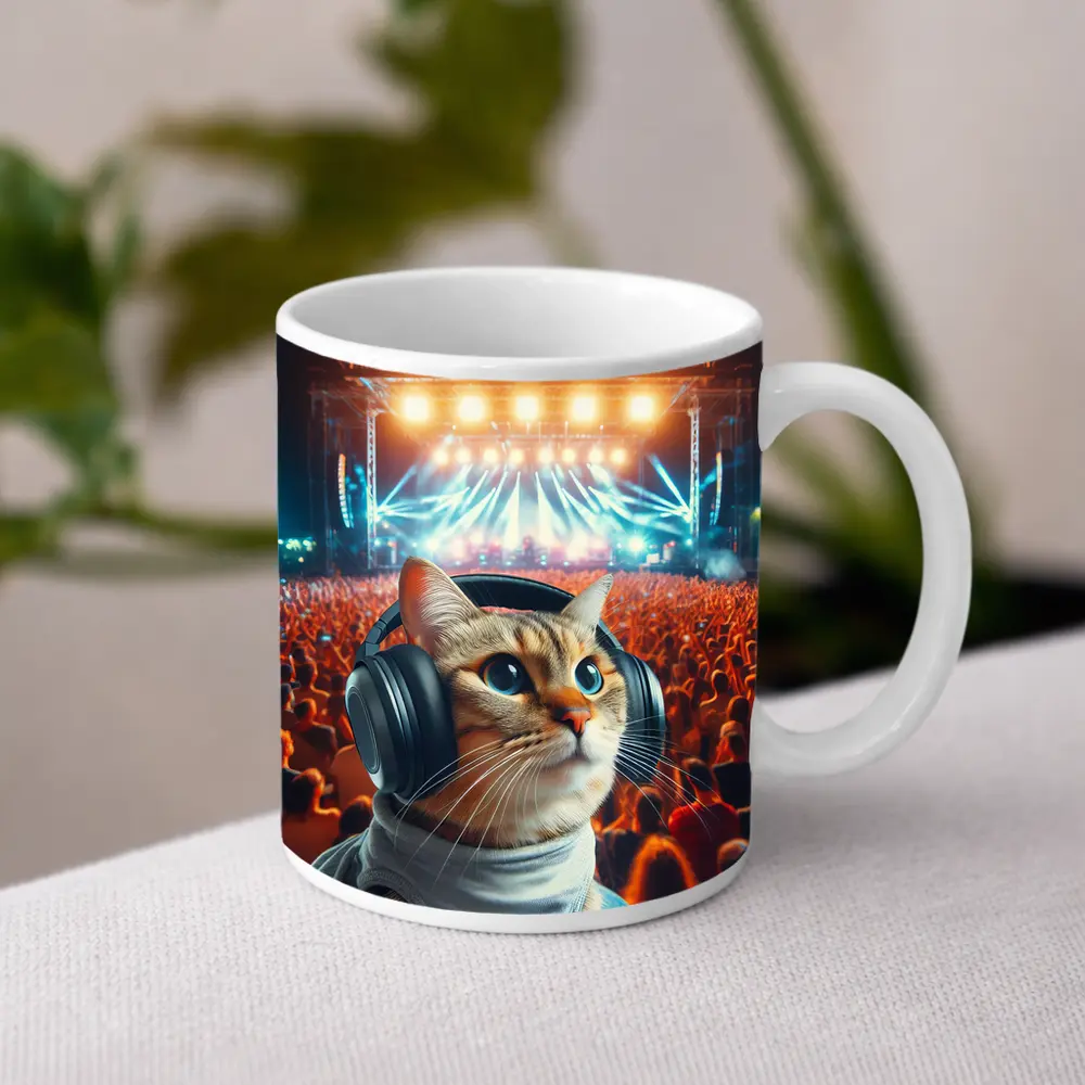 Cat With Headphones At Music Festival – Mugs