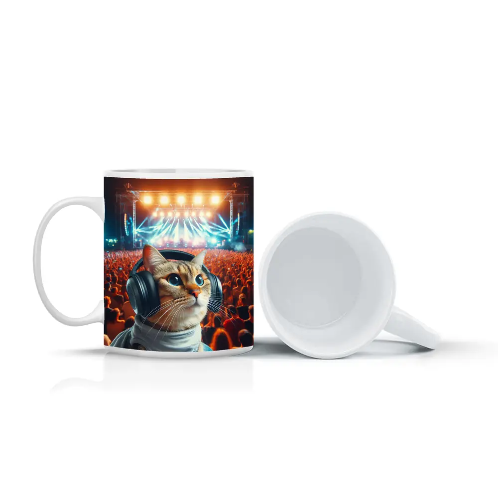 Cat With Headphones At Music Festival – Mugs