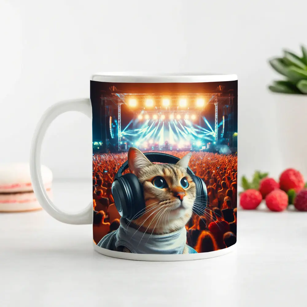 Cat With Headphones At Music Festival – Mugs