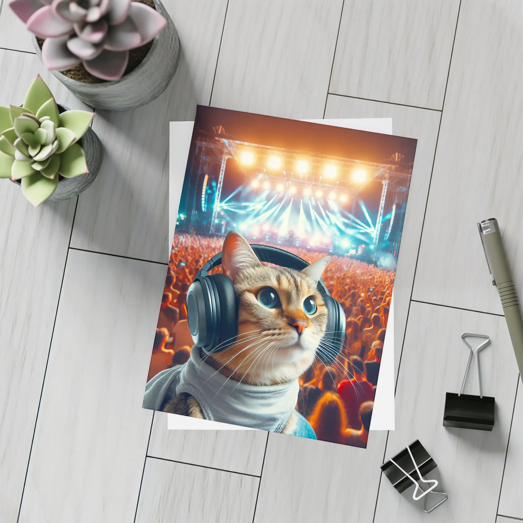 Cat With Headphones At Music Festival – Postcards