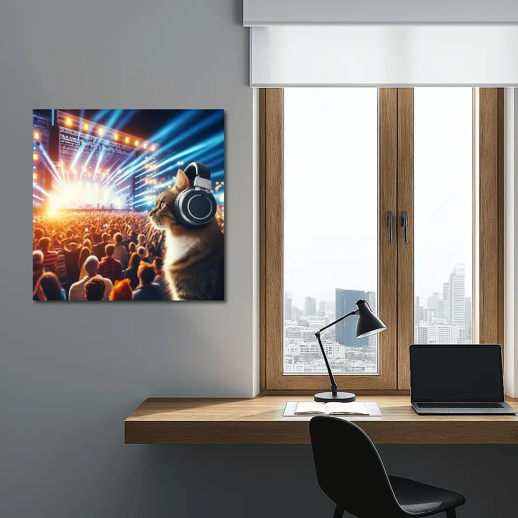 Cat With Headphones At Music Concert – Wall Art