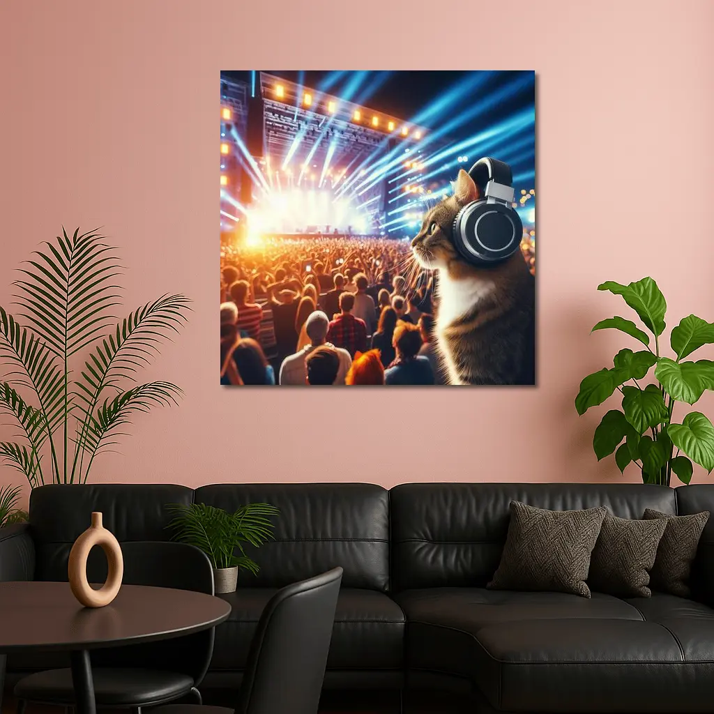 Cat With Headphones At Music Concert – Wall Art