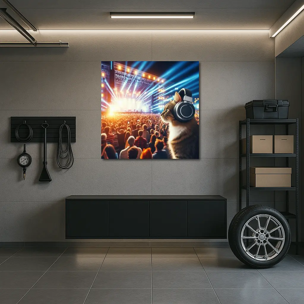 Cat With Headphones At Music Concert – Wall Art