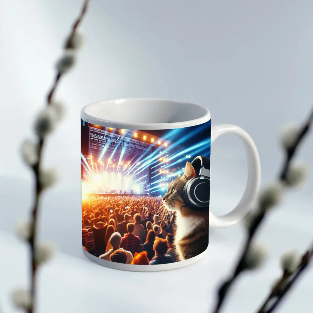 Cat With Headphones At Music Concert – Mugs