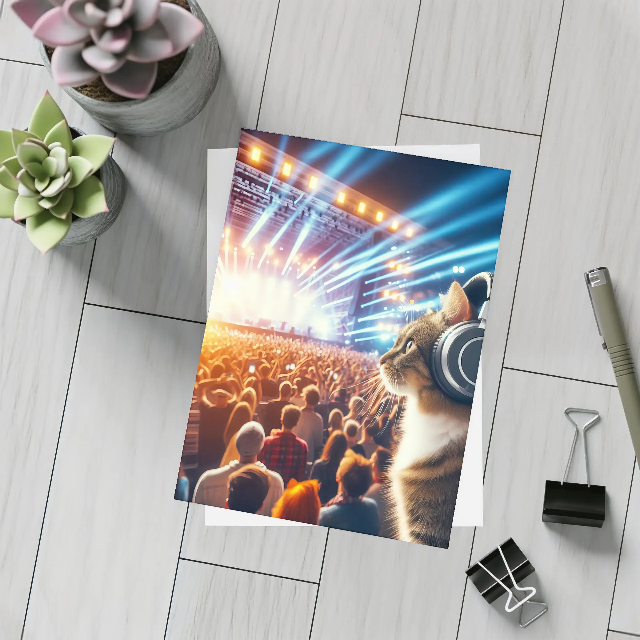 Cat With Headphones At Music Concert – Postcards