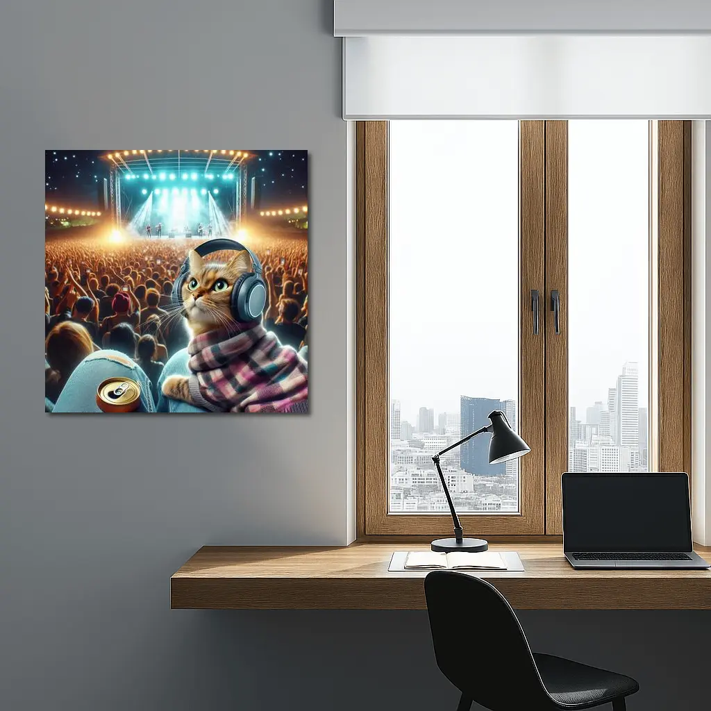 Orange Cat Headphones Concert Crowd Night – Wall Art