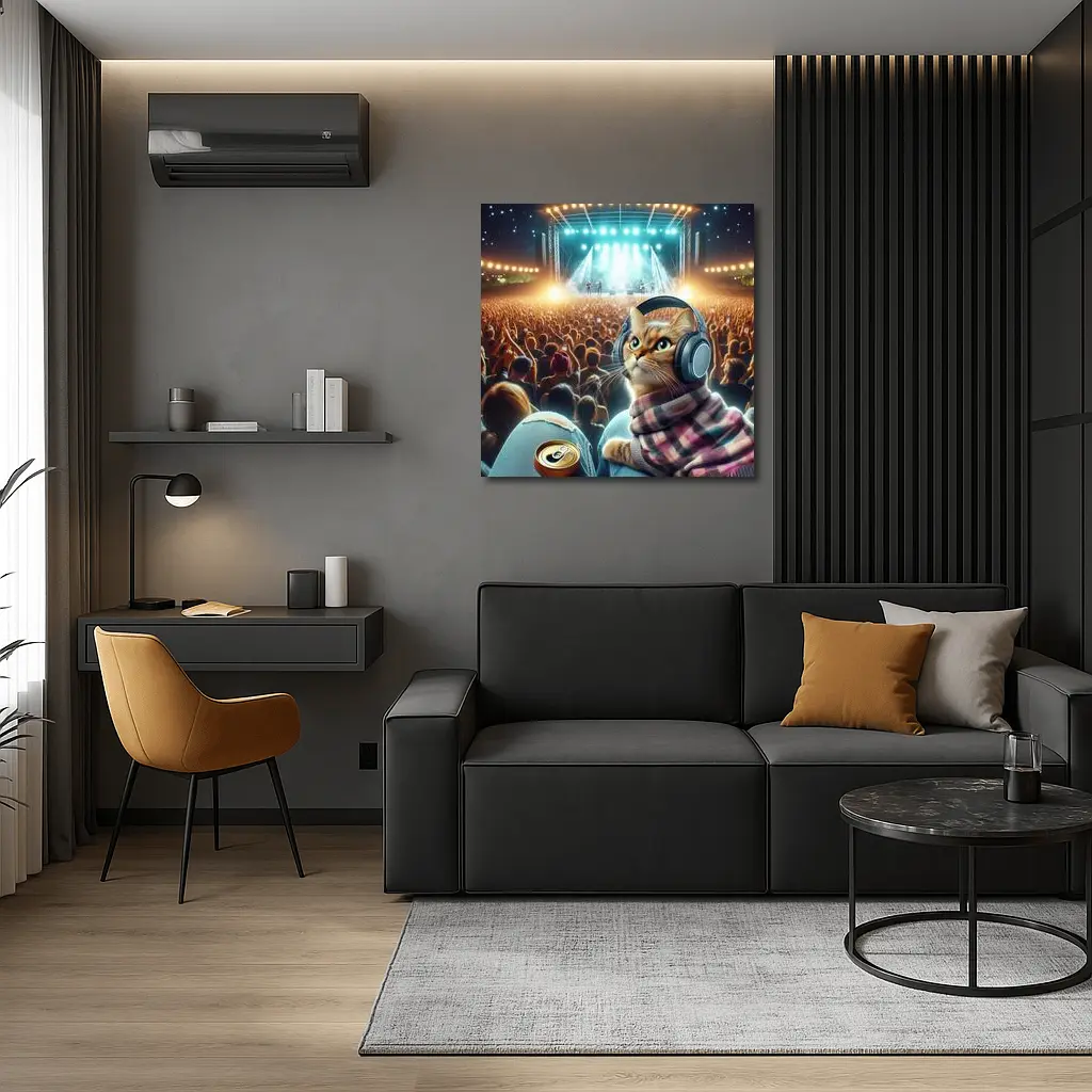 Orange Cat Headphones Concert Crowd Night – Wall Art