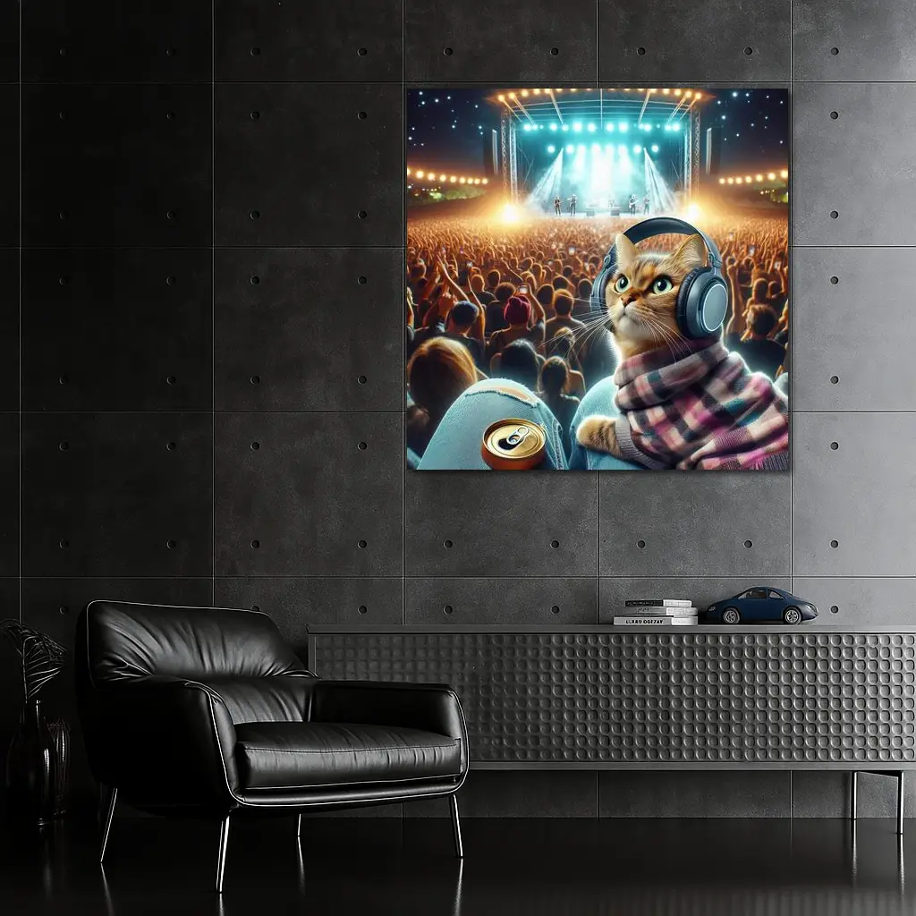 Orange Cat Headphones Concert Crowd Night – Wall Art