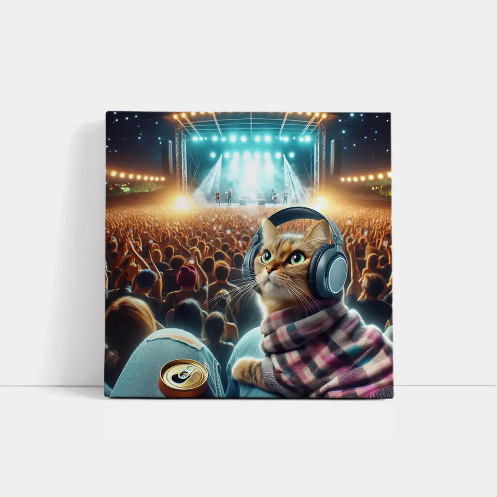 Orange Cat Headphones Concert Crowd Night – Wall Art