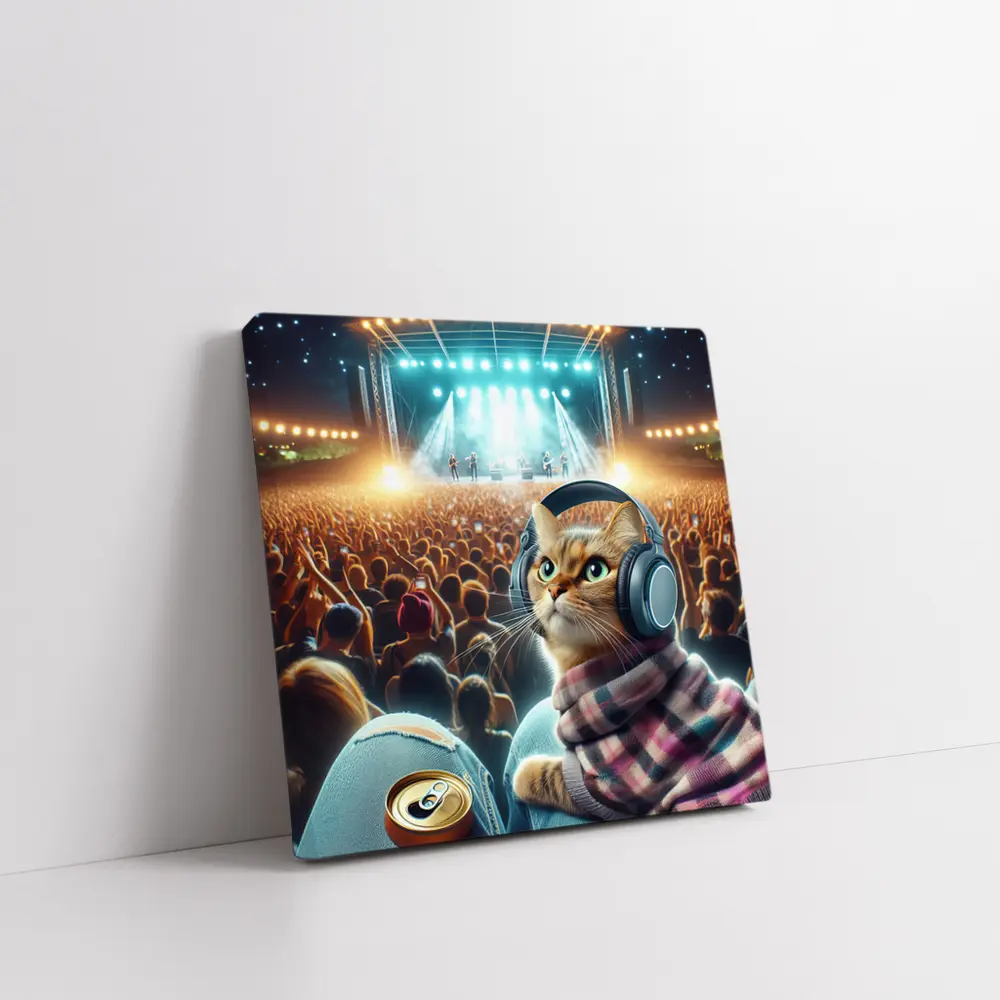 Orange Cat Headphones Concert Crowd Night – Wall Art