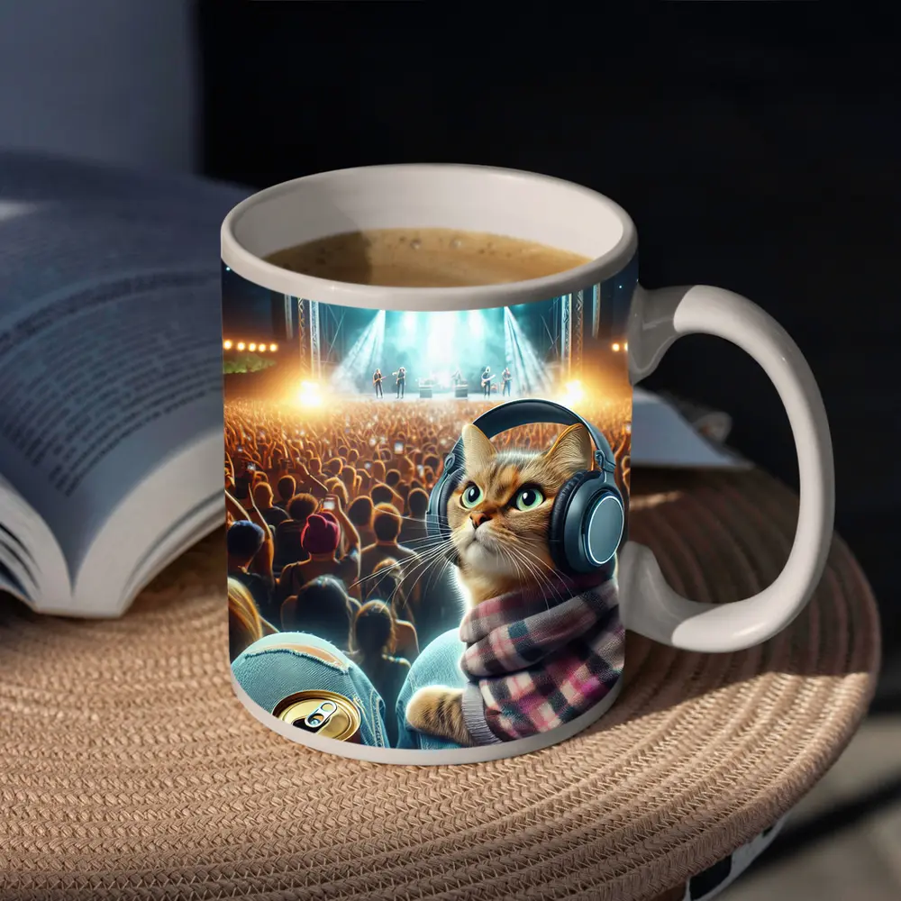 Orange Cat Headphones Concert Crowd Night – Mugs