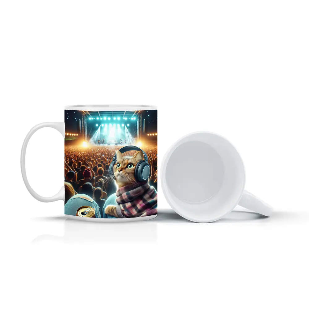 Orange Cat Headphones Concert Crowd Night – Mugs