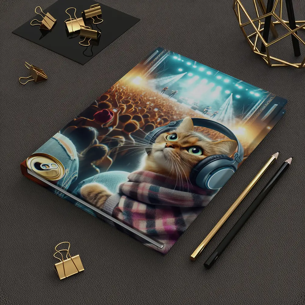 Orange Cat Headphones Concert Crowd Night – Notebooks