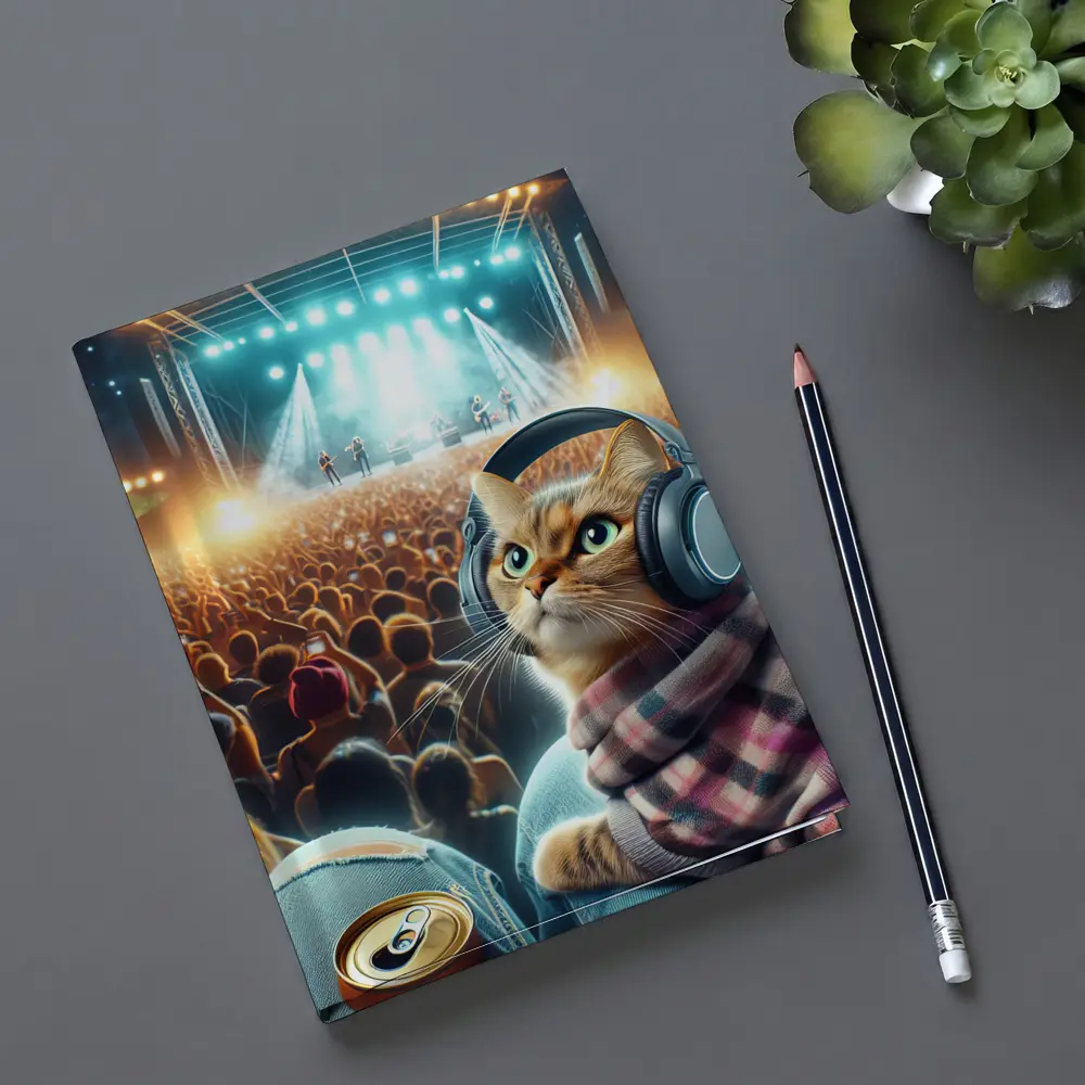 Orange Cat Headphones Concert Crowd Night – Notebooks