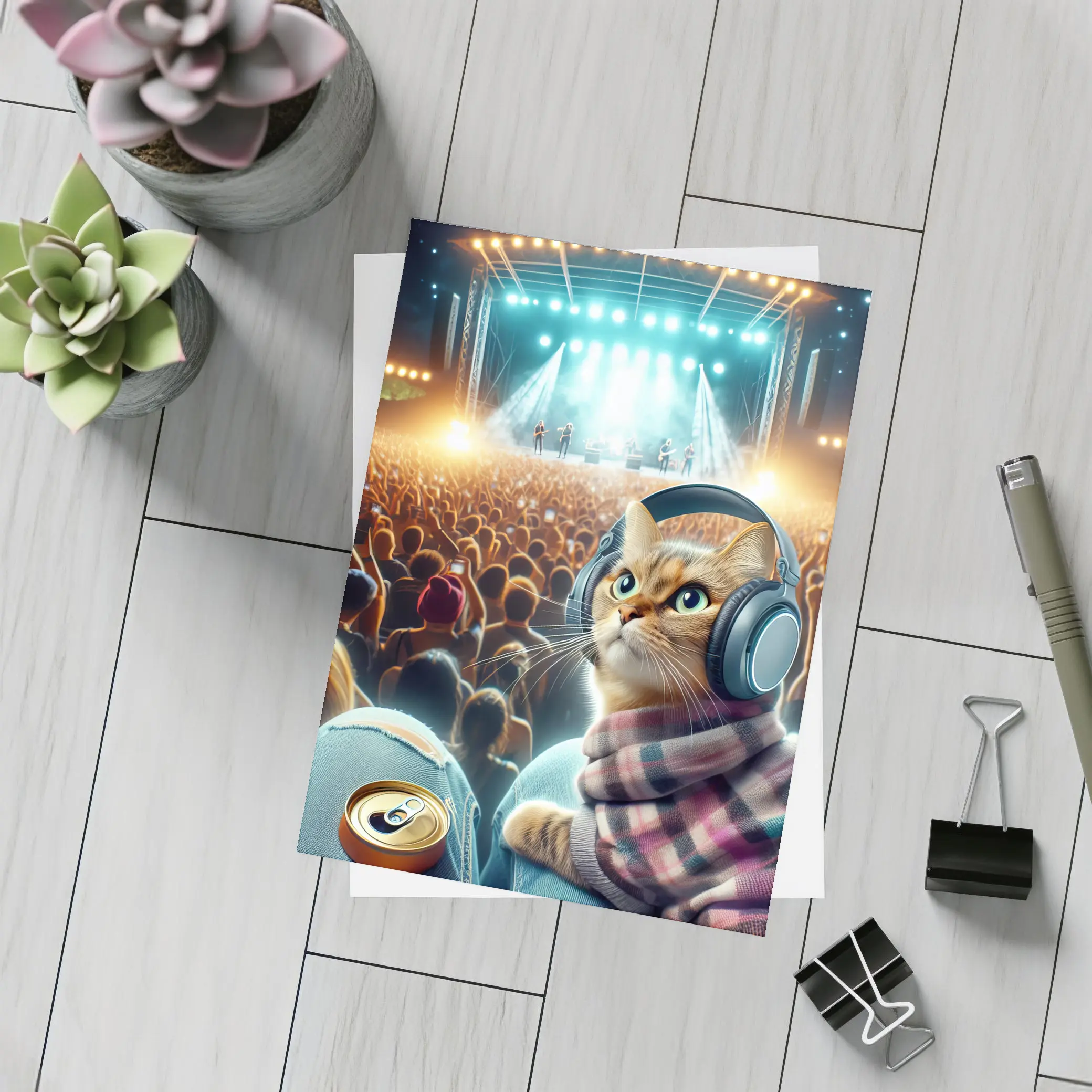 Orange Cat Headphones Concert Crowd Night – Postcards
