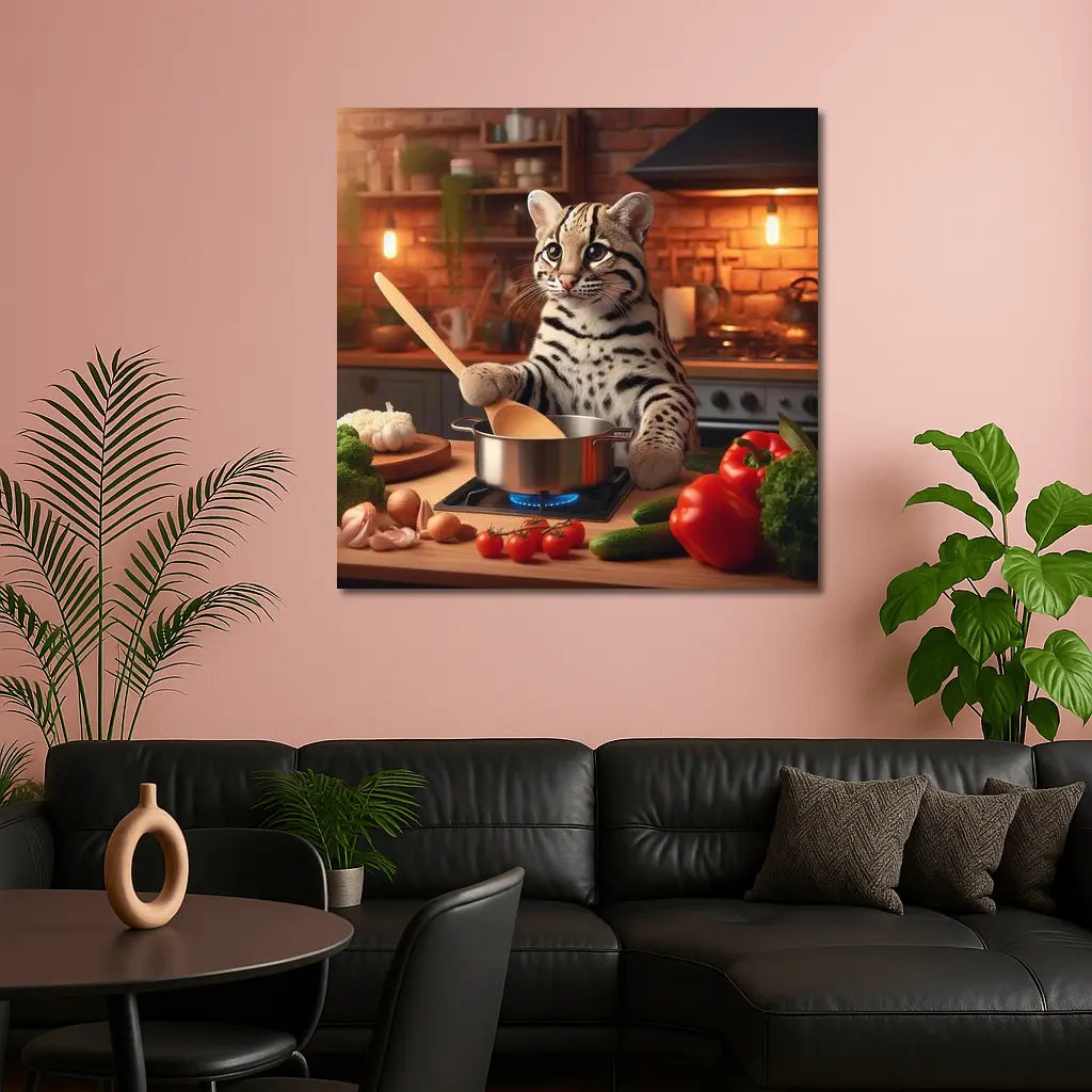 Ocelot Chef Cooking In Cozy Kitchen – Wall Art