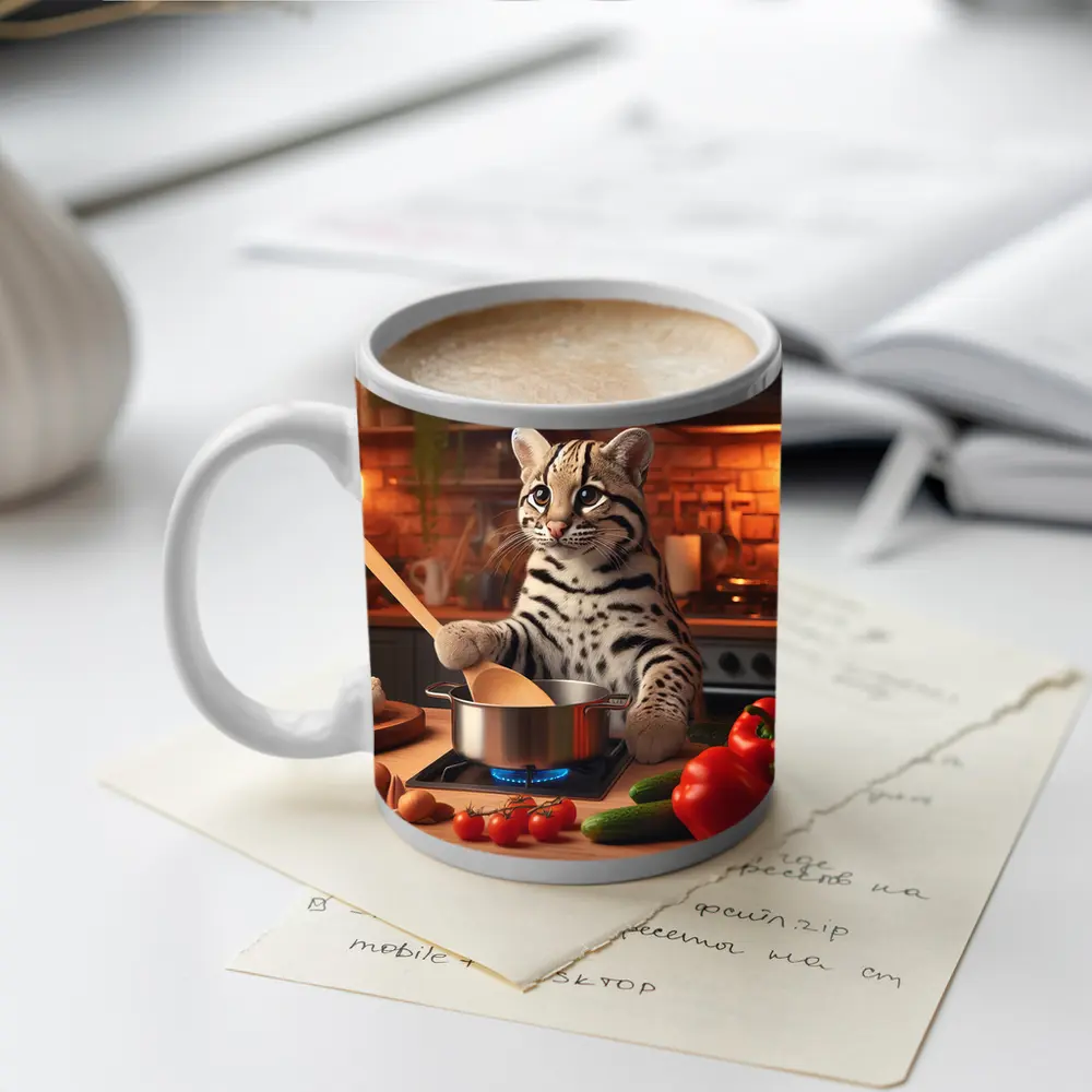 Ocelot Chef Cooking In Cozy Kitchen – Mugs