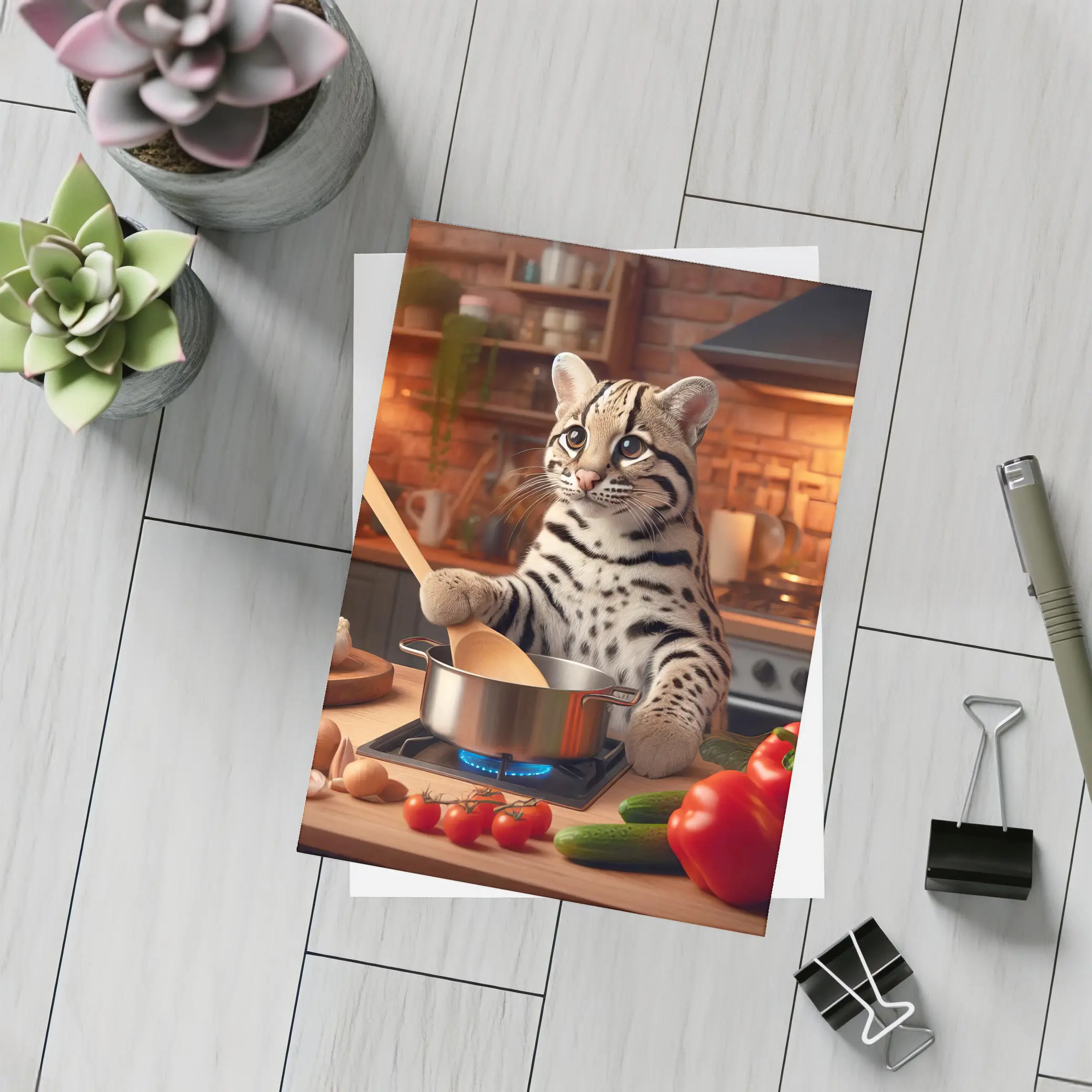 Ocelot Chef Cooking In Cozy Kitchen – Postcards