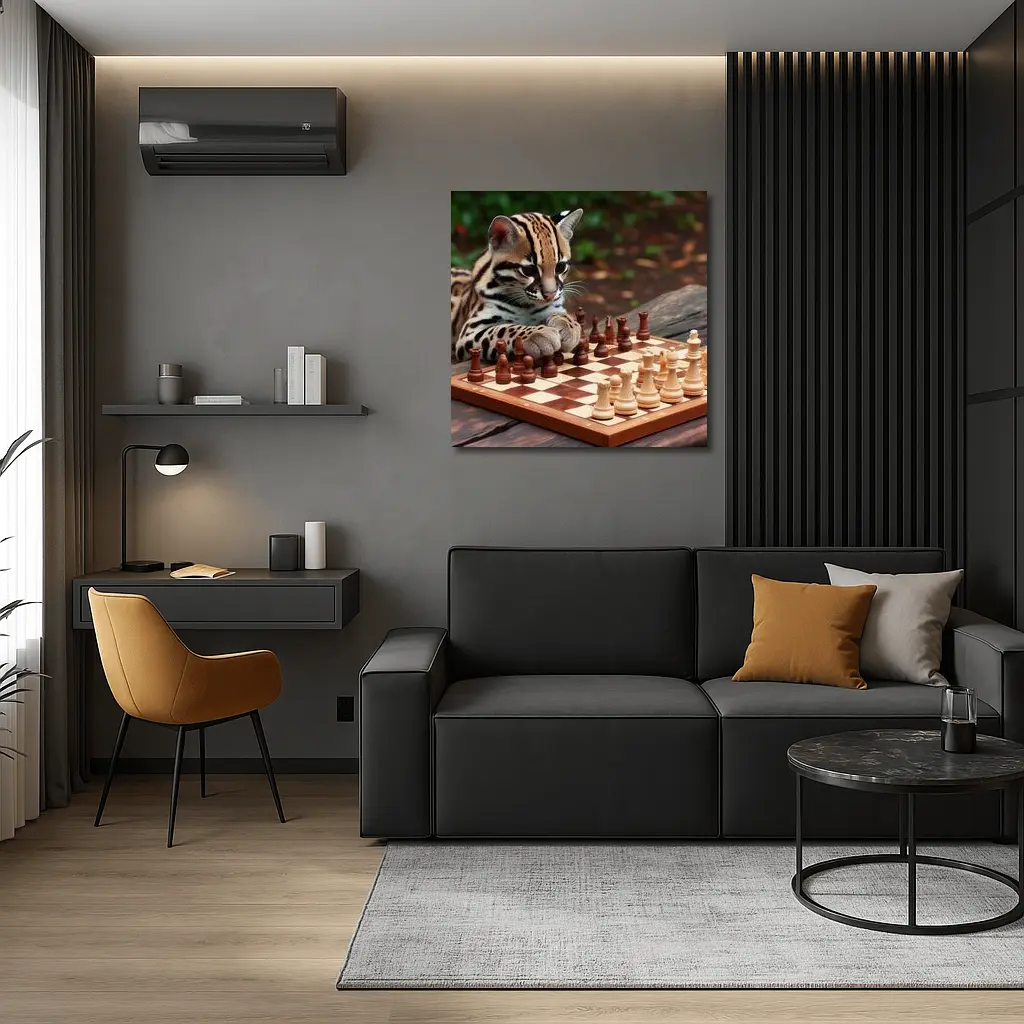 Ocelot Playing Chess on Wooden Table – Wall Art