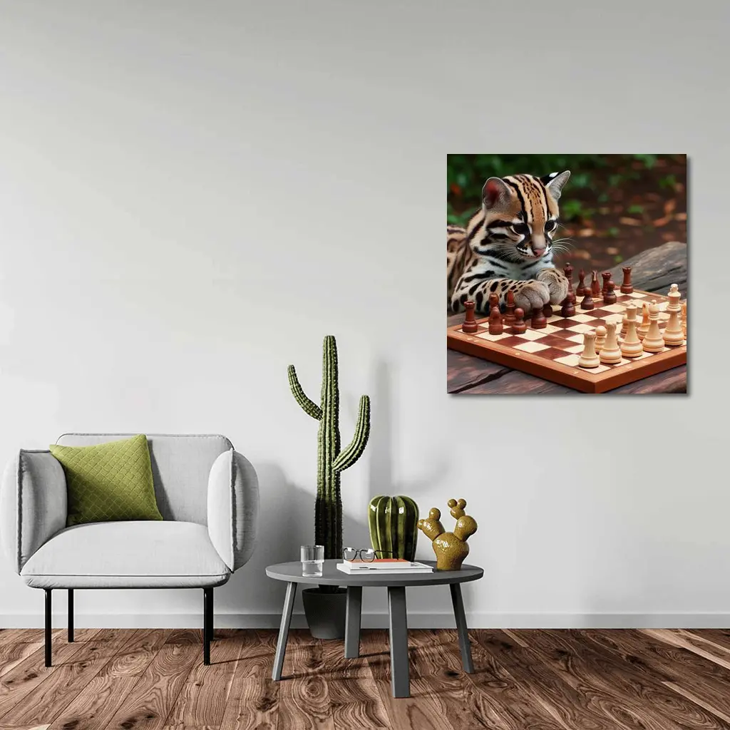 Ocelot Playing Chess on Wooden Table – Wall Art