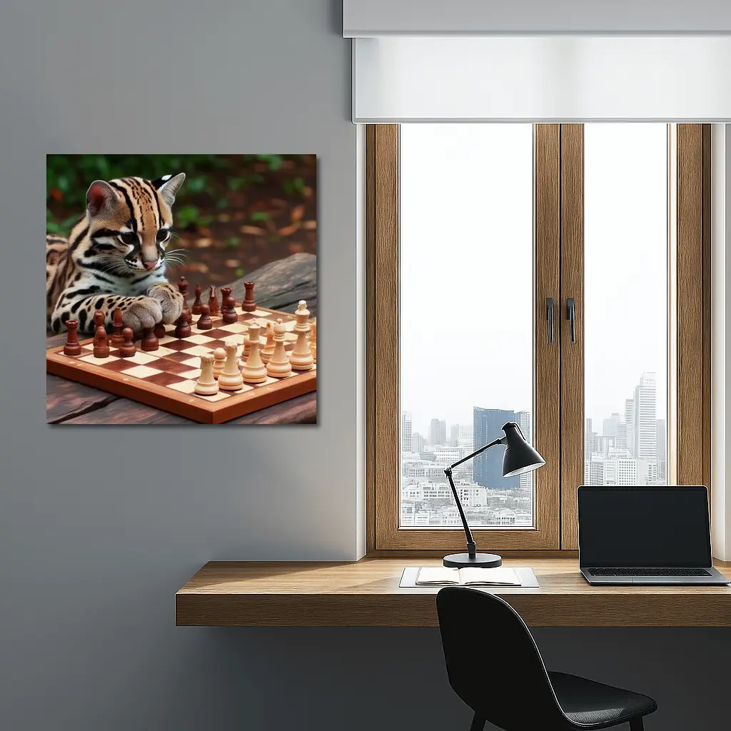 Ocelot Playing Chess on Wooden Table – Wall Art