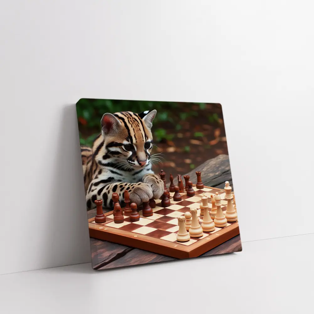 Ocelot Playing Chess on Wooden Table – Wall Art