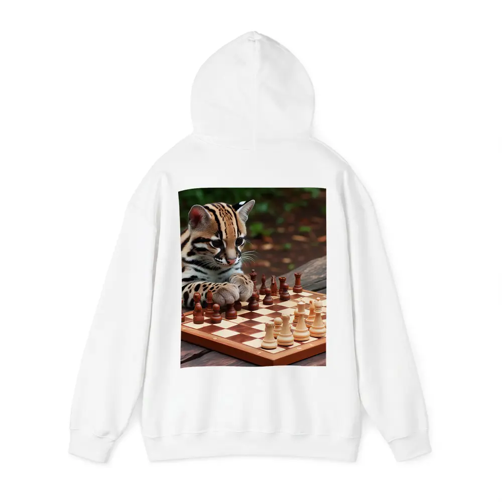 Ocelot Playing Chess on Wooden Table – Hoodies